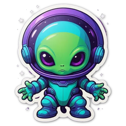 A cartoon alien in space wearing a helmet and holding out his hand.