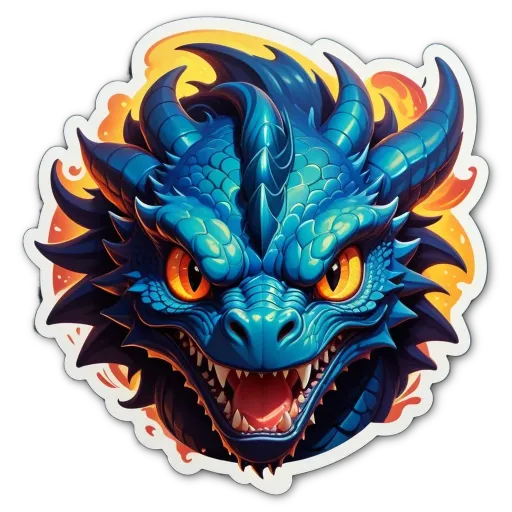 A blue dragon with red eyes and a fang.