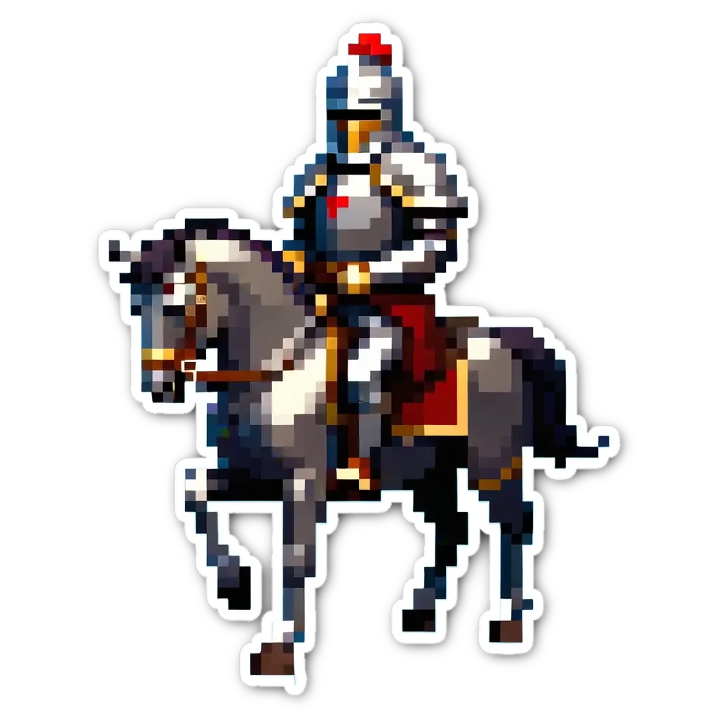 A man in a costume rides a horse in a digital image.