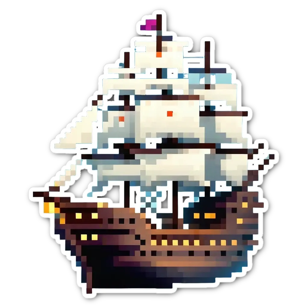 A sticker of a pixelated ship on a black background.