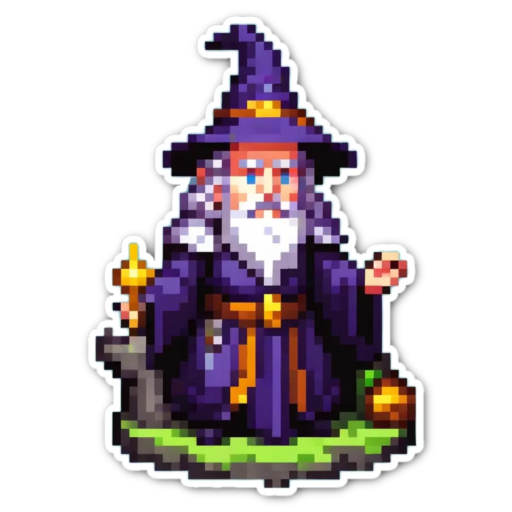 A pixelated drawing of a wizard wearing a purple robe.