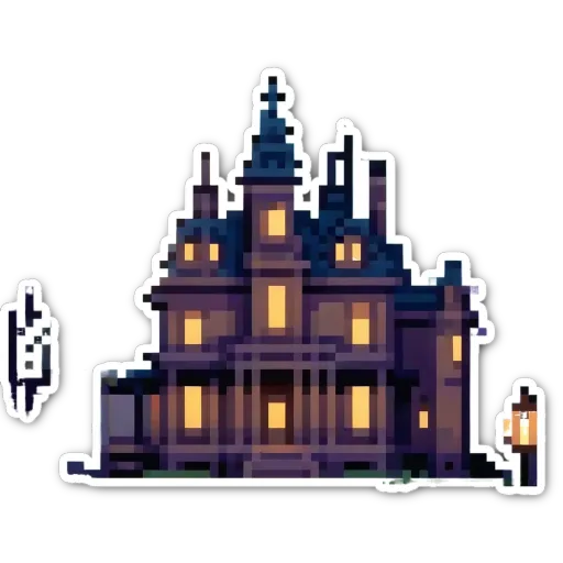 A pixelated picture of a house called "The House of the Witch".