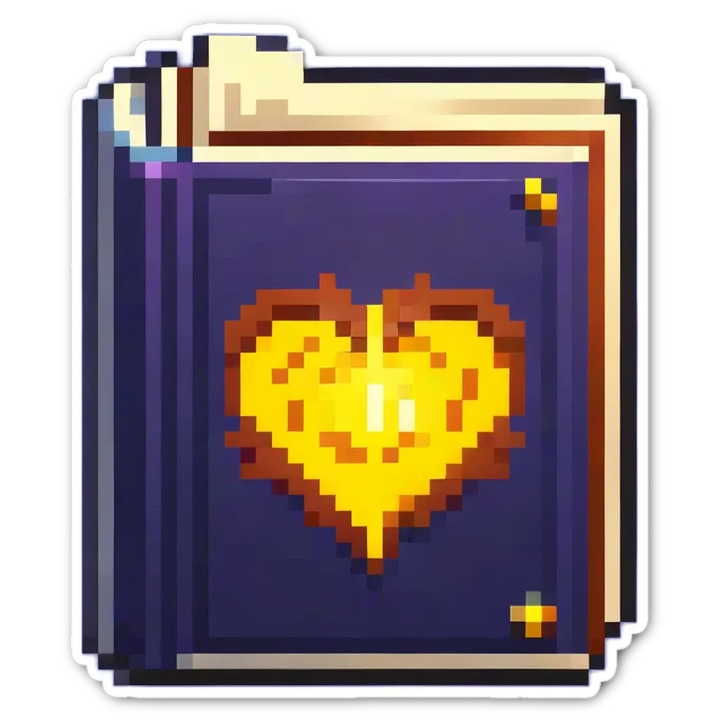 A sticker of a book with a heart in the center of the book.