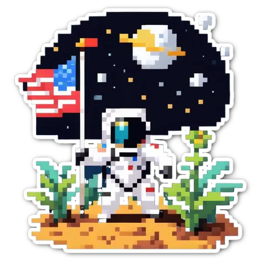 A sticker of a space man with a flag and the earth that has a plant and a flag on it.