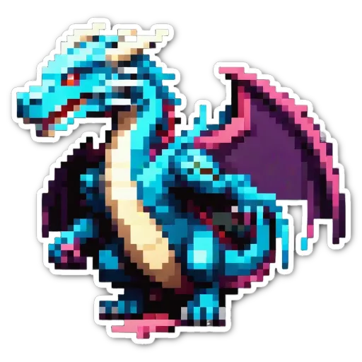 A dragon sticker in white and blue colors with red eyes.