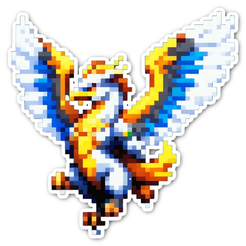 A bird with yellow and blue feathers is depicted in a pixelated sticker.