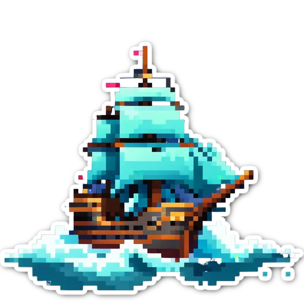 A sticker of a ship in the water generated using pixel art.