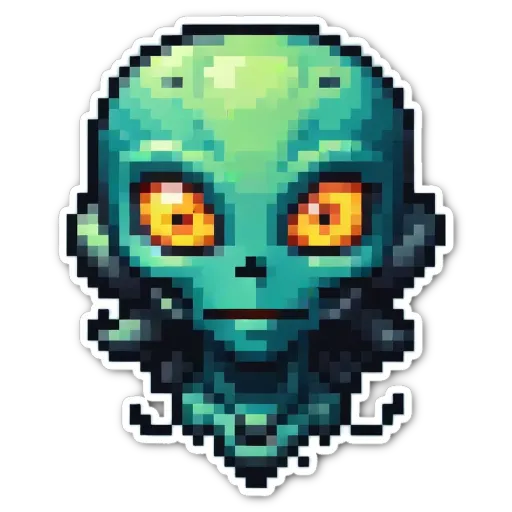 An alien head generated using pixeldesign is displayed on a black background.