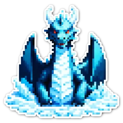 A dragon sticker in white and blue colors with red eyes.