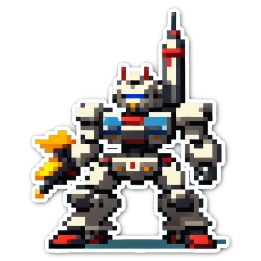 A pixelated photo of a robot with a yellow object in its hand.