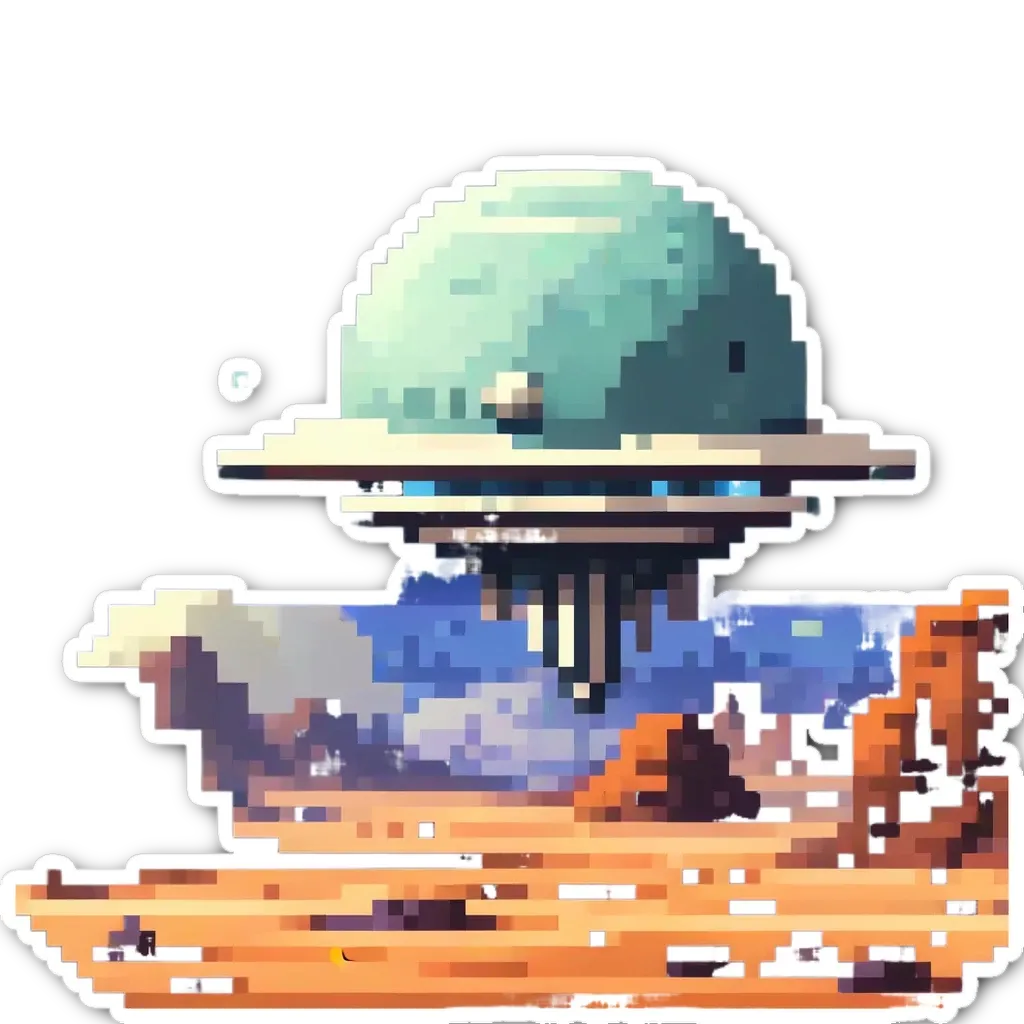 A sticker of a ufo with the desert and sky background.