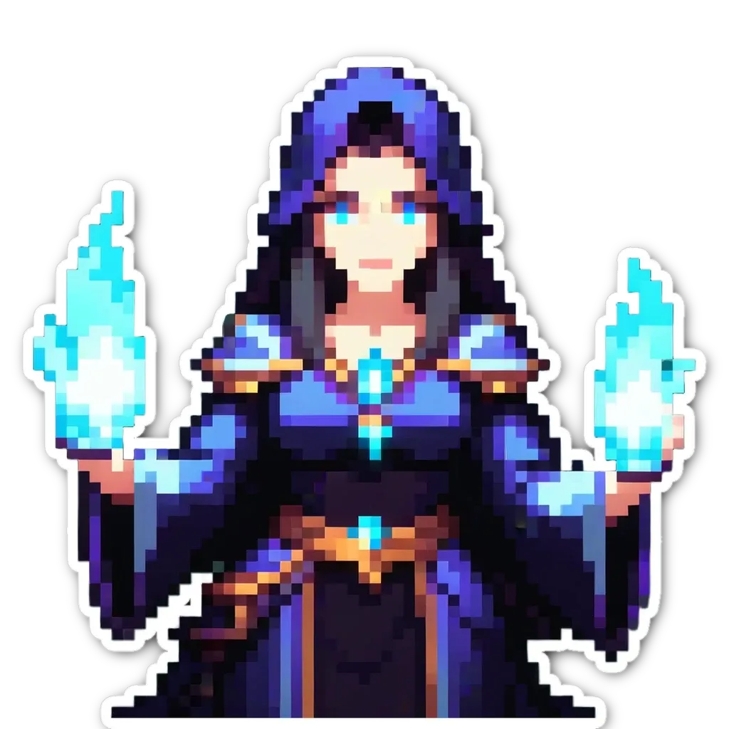 A woman is shown with two flames and wearing a blue robe.