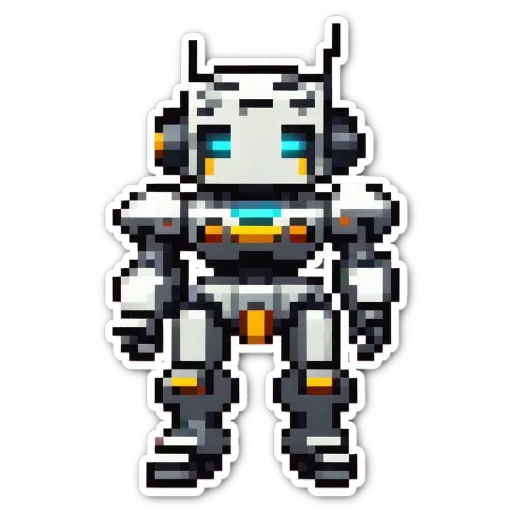 A robot figure generated with pixel art is standing on a black background.