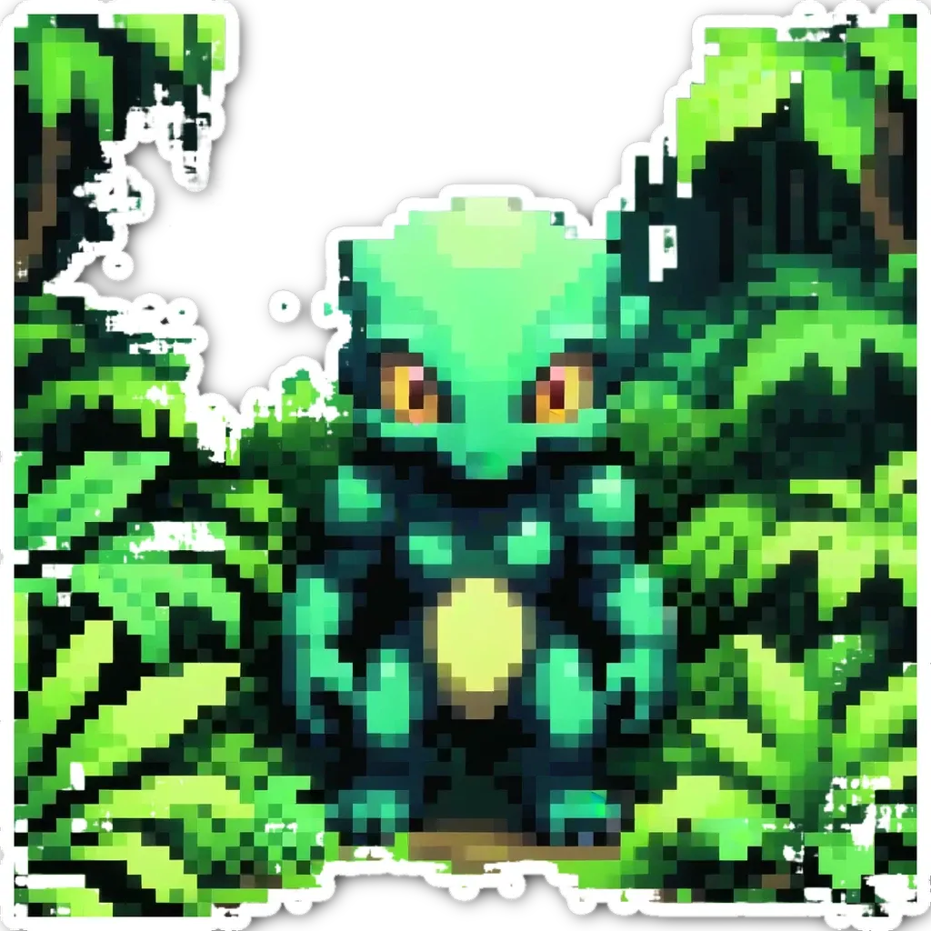 A green pixelated drawing of a monster in a jungle.