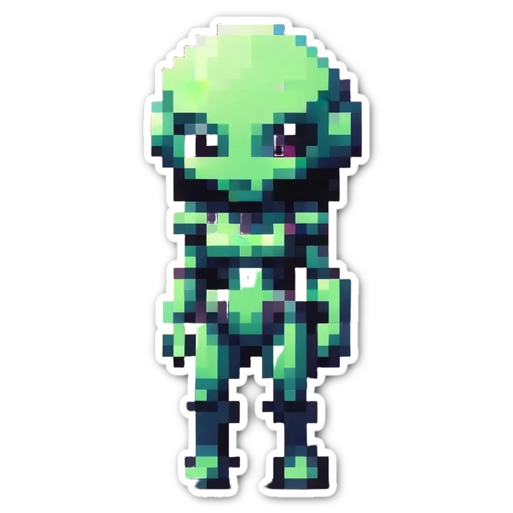 A green alien from a video game is standing on a black background.