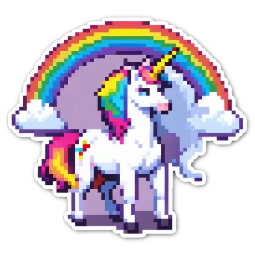 A rainbow unicorn sticker is on a black background.