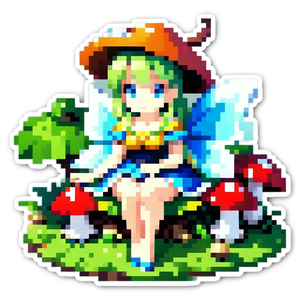 An art deco girl with a mushroom hat sitting on a grassy area.