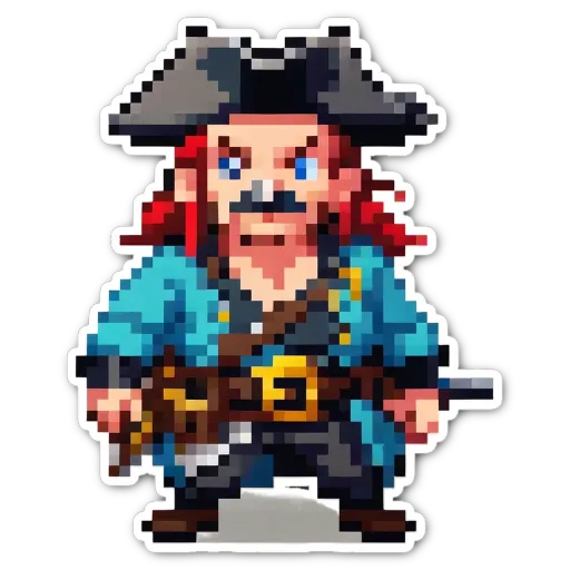 A pirate that is blue in color with a black hat on.