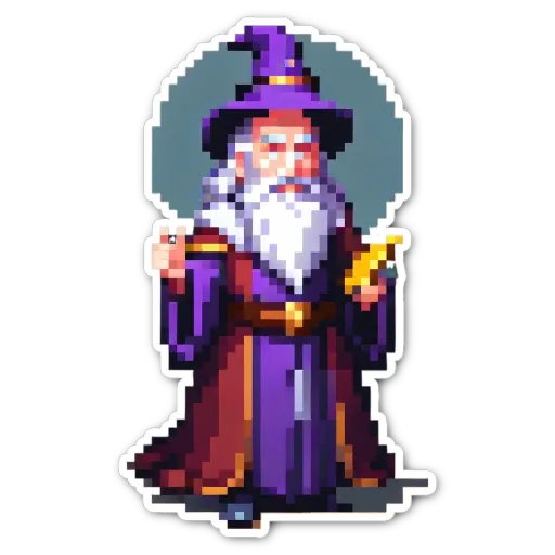 An old man wearing a purple robe and a green hat holding a staff.