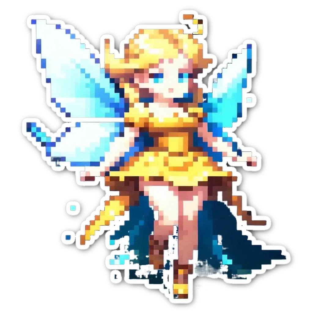 A yellow fairy with blue wings is standing on a black and white background.