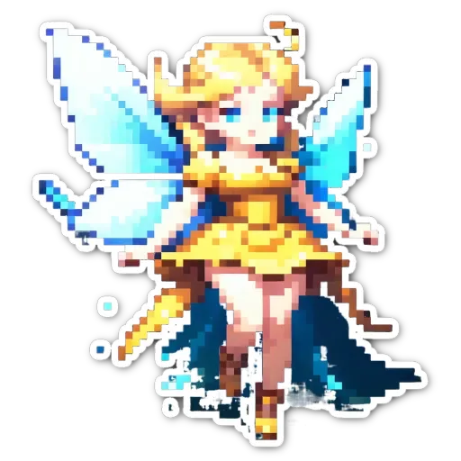 A yellow fairy with blue wings is standing on a black and white background.