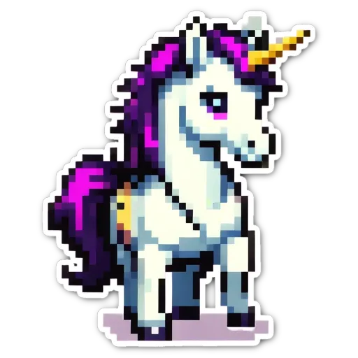 A sticker of a unicorn with purple mane and white horn.