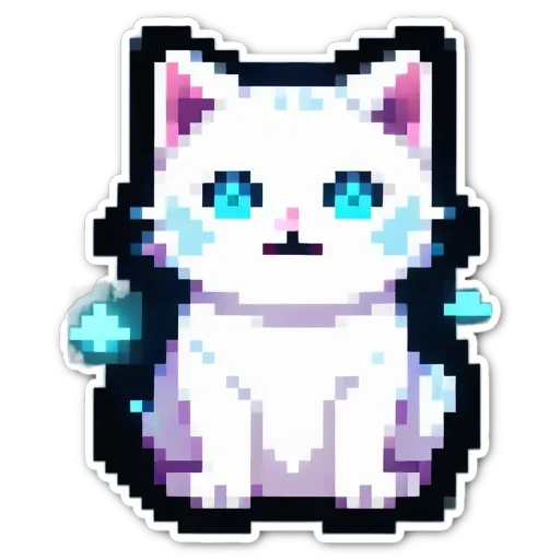 A kitten in white with blue eyes is sitting in a pixelated sticker.