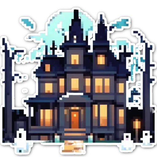 A pixelated sticker of a house with a moon in the background.