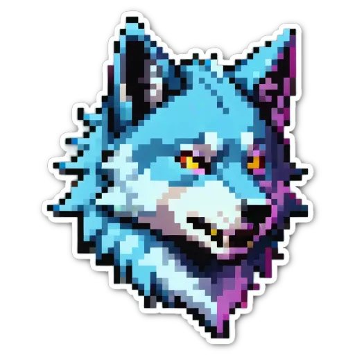 A sticker of a wolf with yellow eyes that is generated using pixelated art.