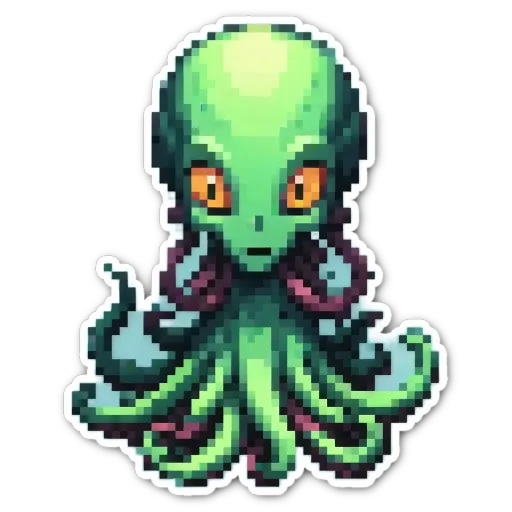 A sticker of a green alien octopus with a face.