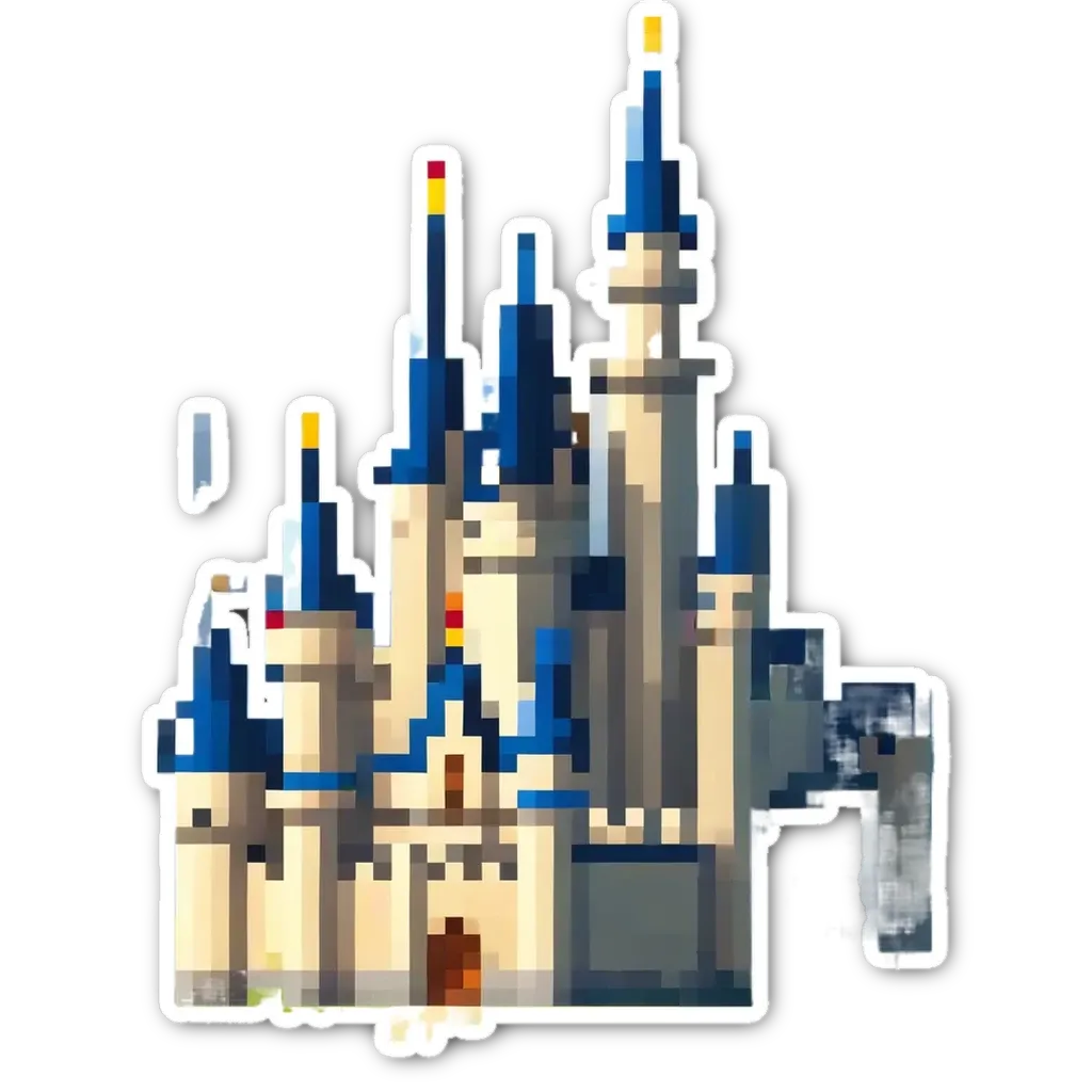 A sticker of a castle in Minecraft called "Cinderella".