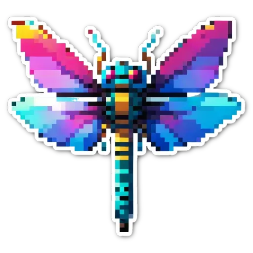 A colorful sticker of a dragonfly with many different colors.