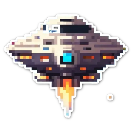 A sticker of a pixelated alien ship with a fire trail.