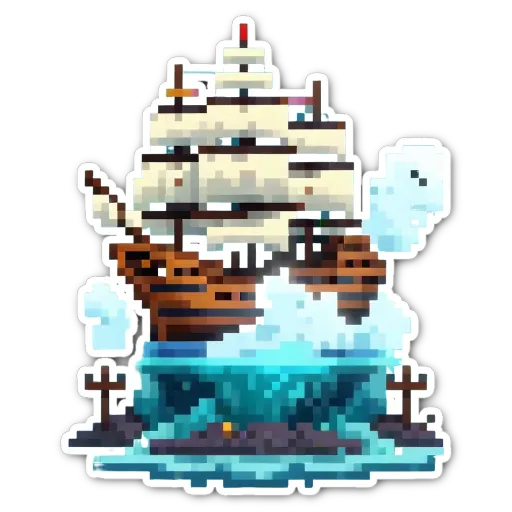 A sticker of a pirate ship in pixel art.