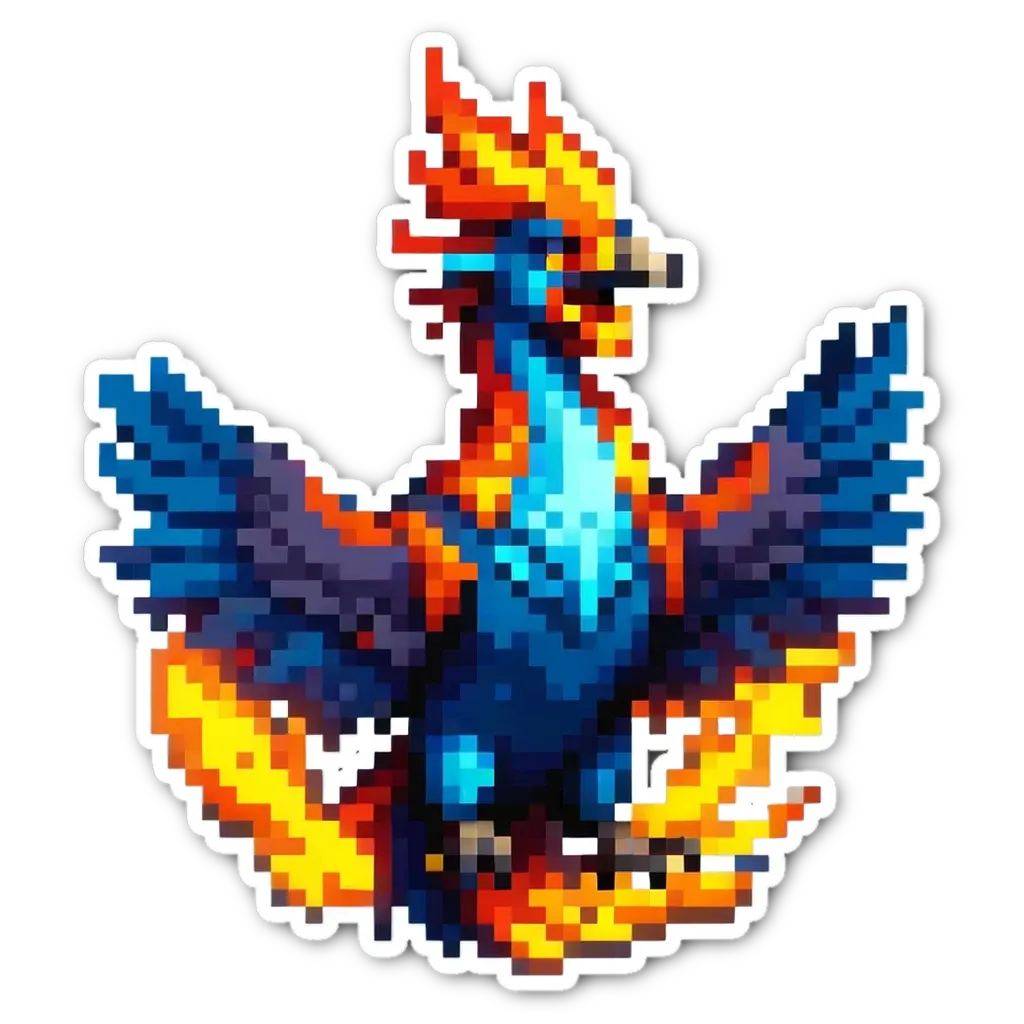 A blue and red bird with fire in its feathers is depicted in a pixelated sticker.