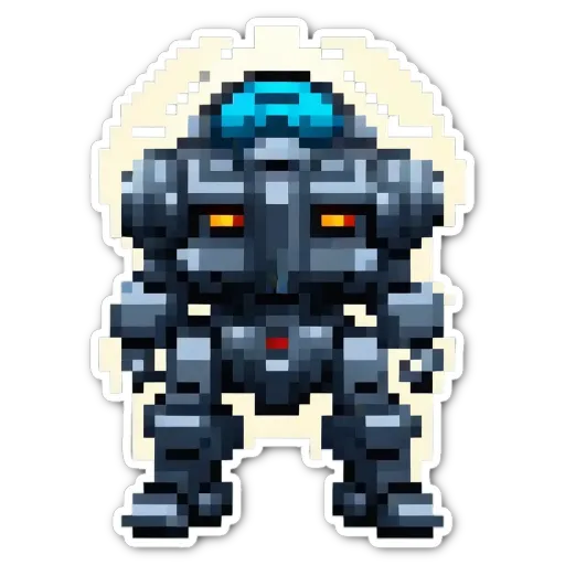 A sticker of a robot with red eyes is on a black background.