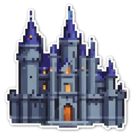 A sticker of a castle in pixel art.