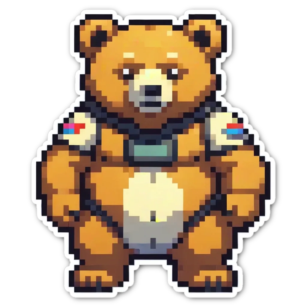 A sticker of a teddy bear in space with the word space written on it.