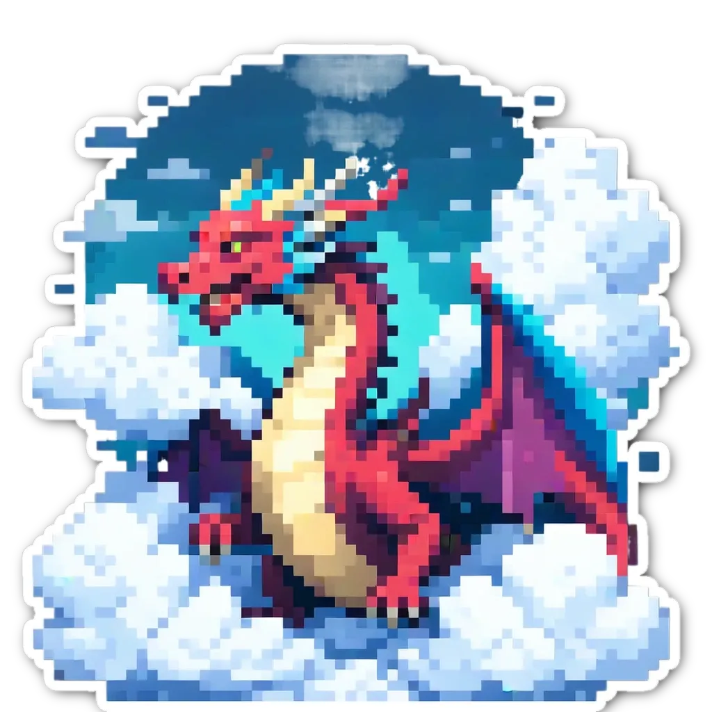 A red dragon breathing fire in the clouds.