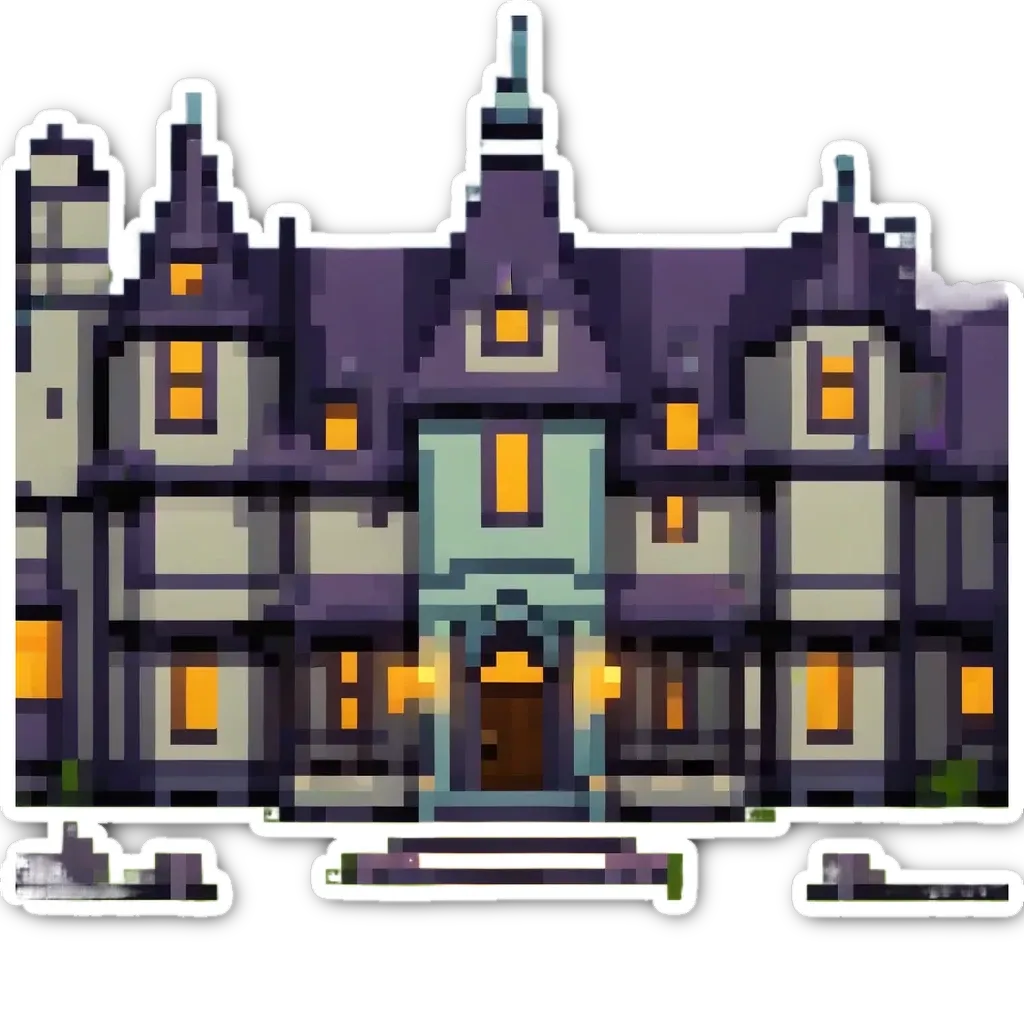 A pixelated picture of a large house with lights on it.