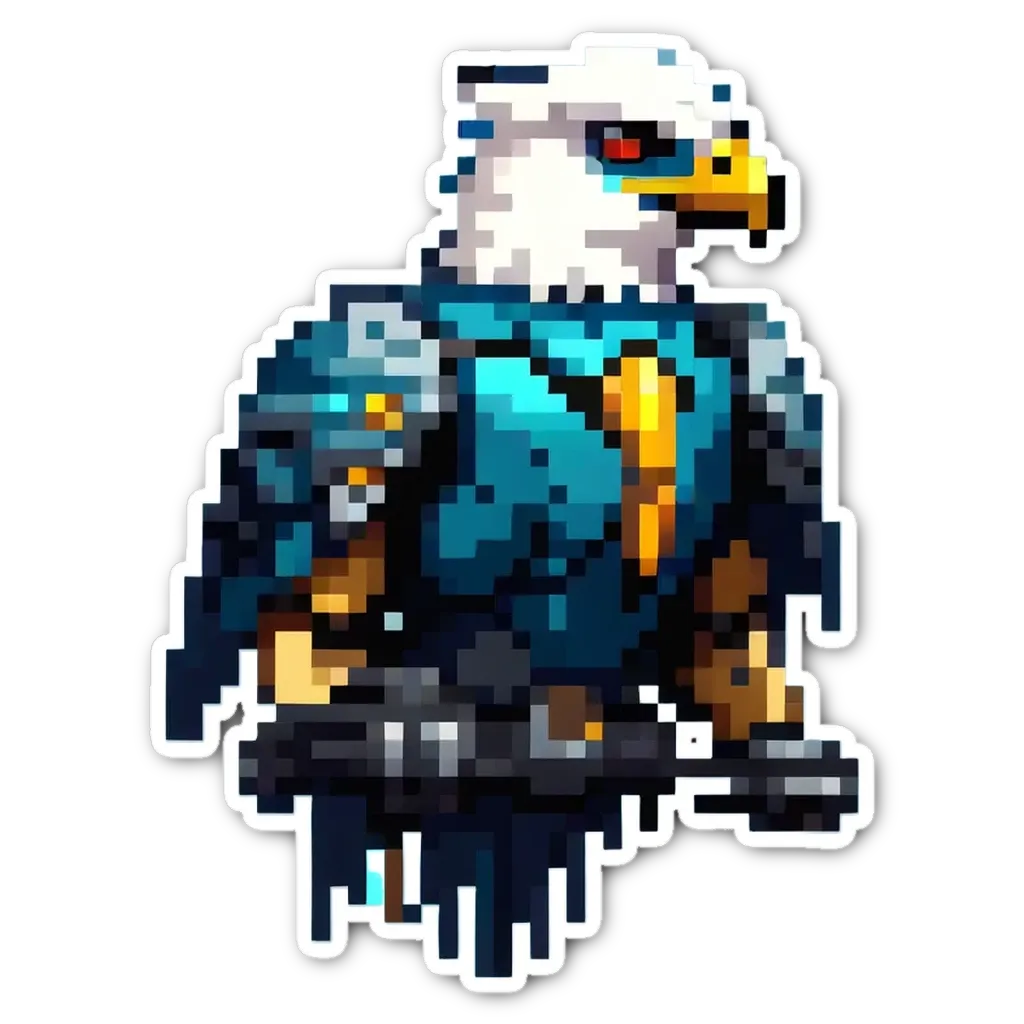 An eagle is depicted in a blue and black pixelated image.