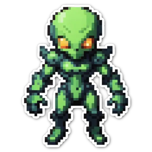 An alien in a green pixelated character is standing on a black background.