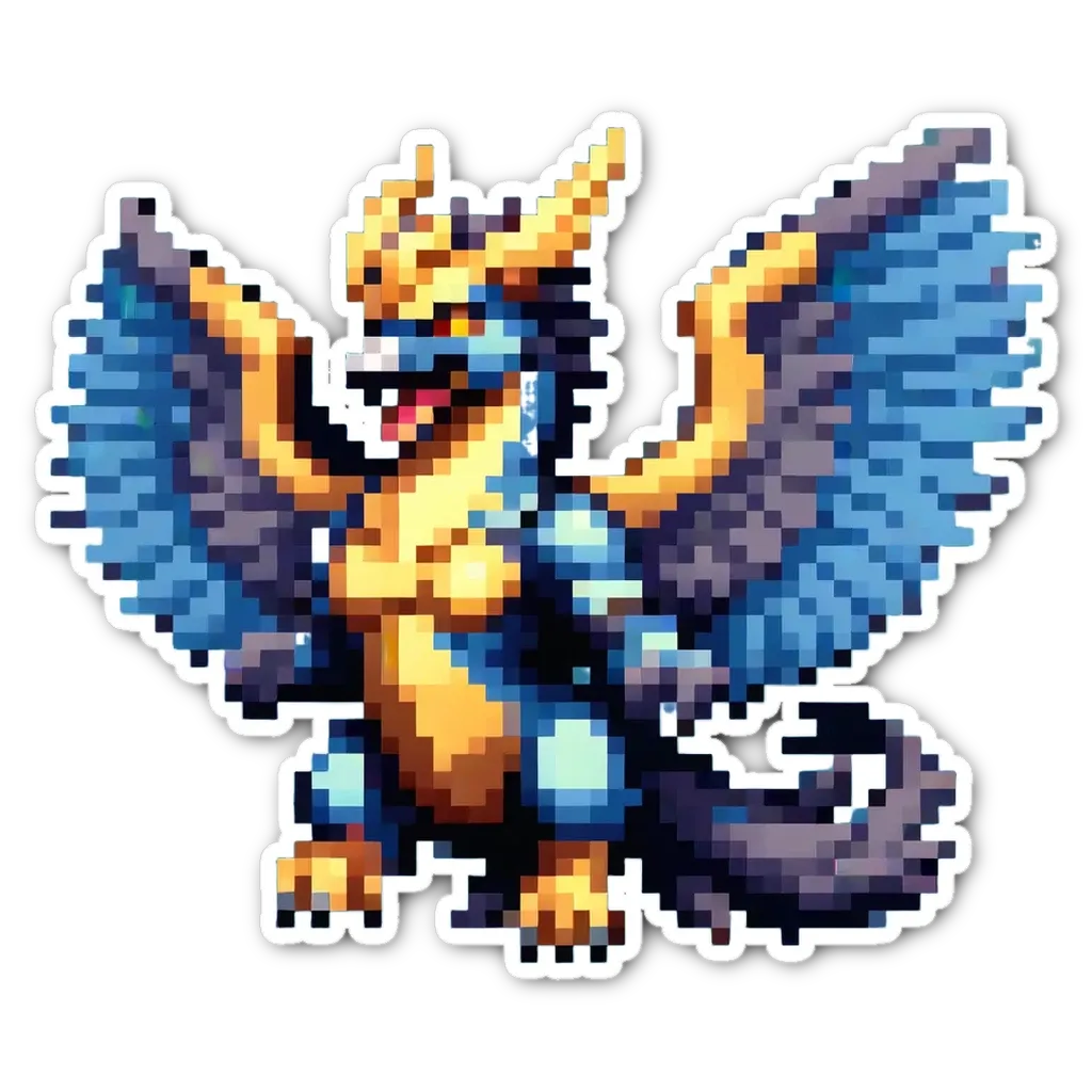 A dragon sticker in blue and yellow.