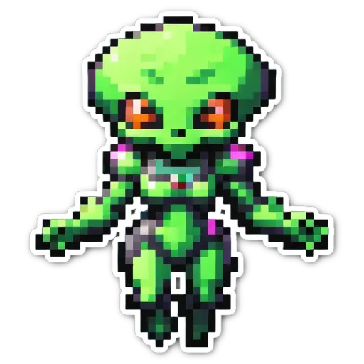 A green alien from a pixelated picture is standing up with its arms and legs.