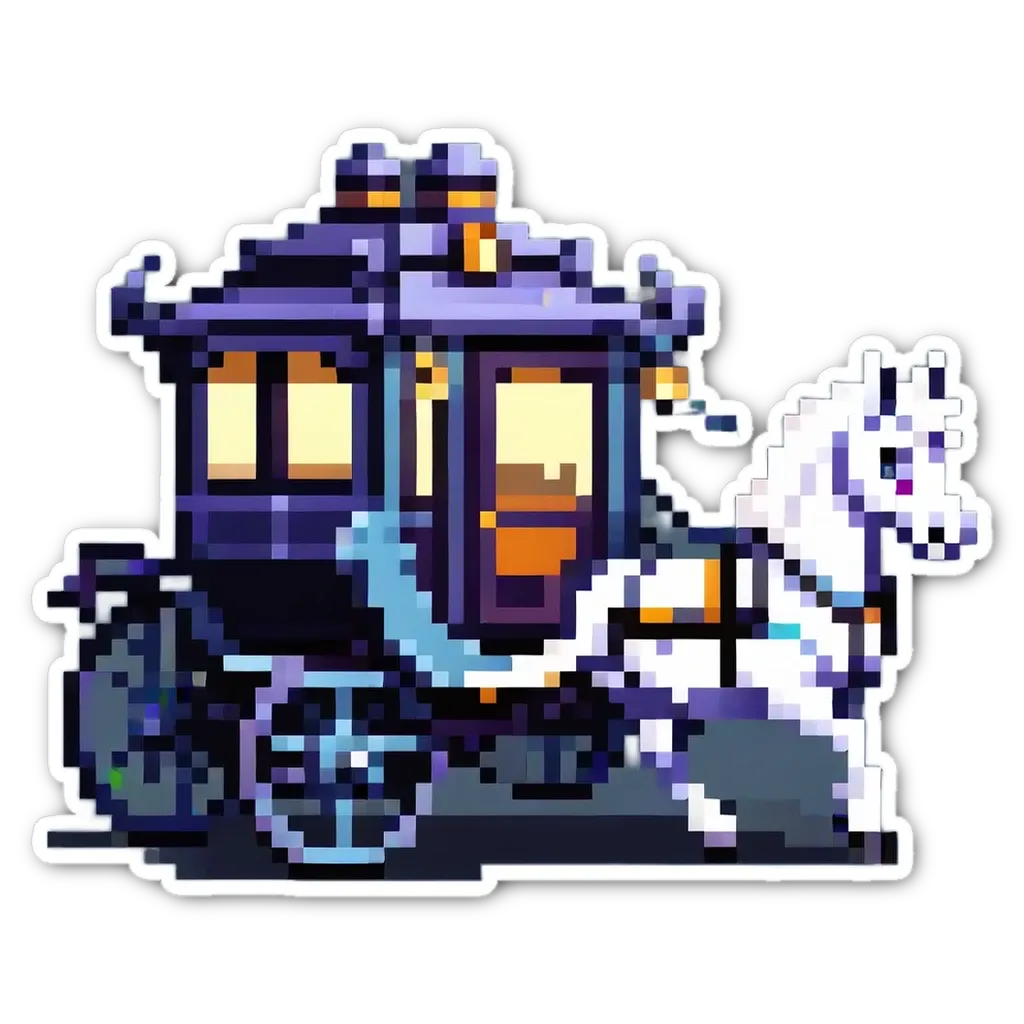 A pixelated drawing of a horse and carriage on a black background.