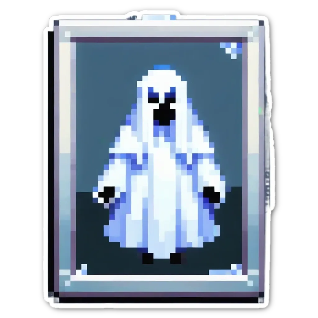 A pixelated ghost in a frame that is white.