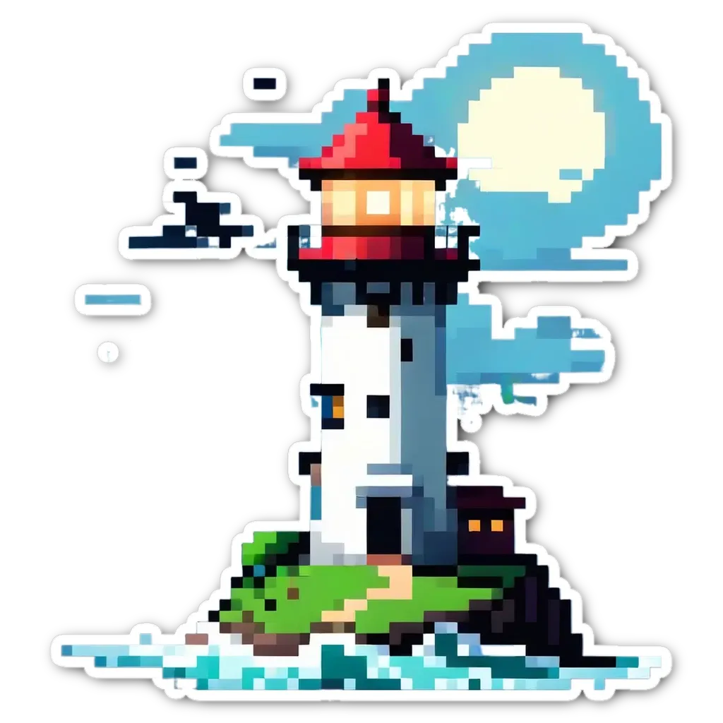 A sticker of a lighthouse with a full moon in the background.