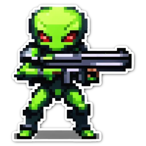 A green alien with red eyes holding a gun.