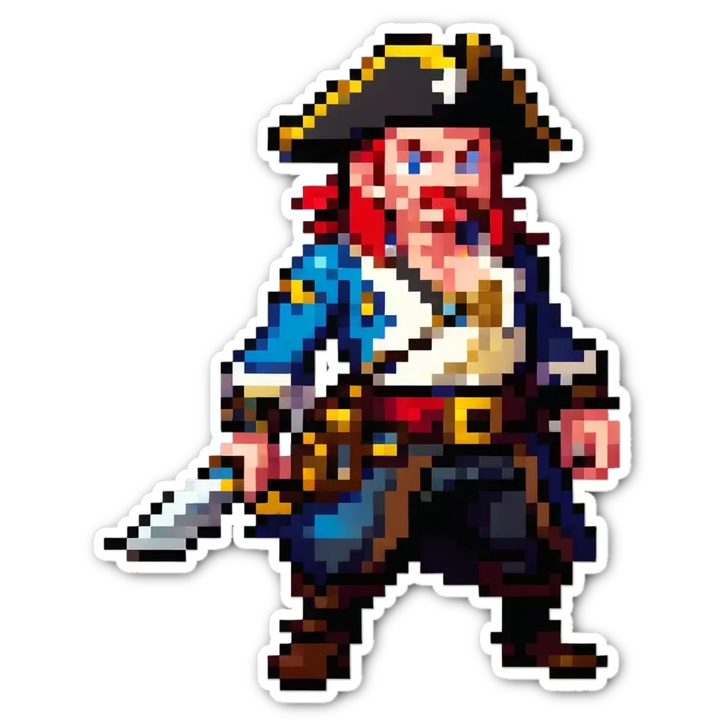 A pirate that is holding a sword and wearing a hat.