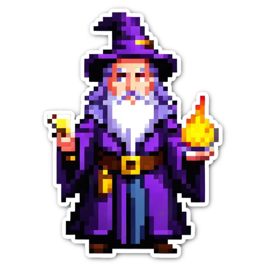 An old man wearing a purple robe with a staff and holding a fire.